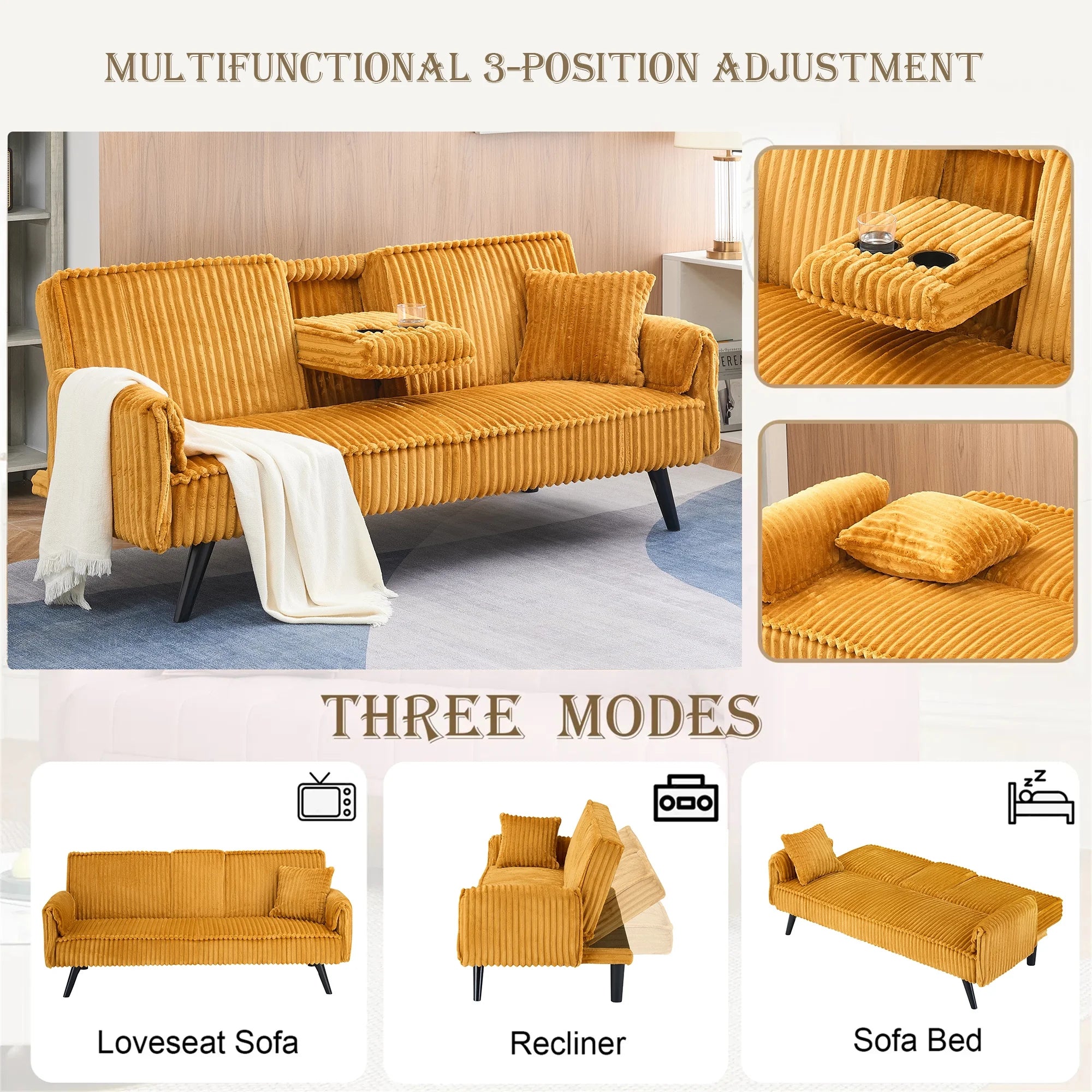 Aukfa 75" Square Arm Futon Convertible Sofa Bed for Home Office, 2 Cup Holders, Linen, Dark Gray
