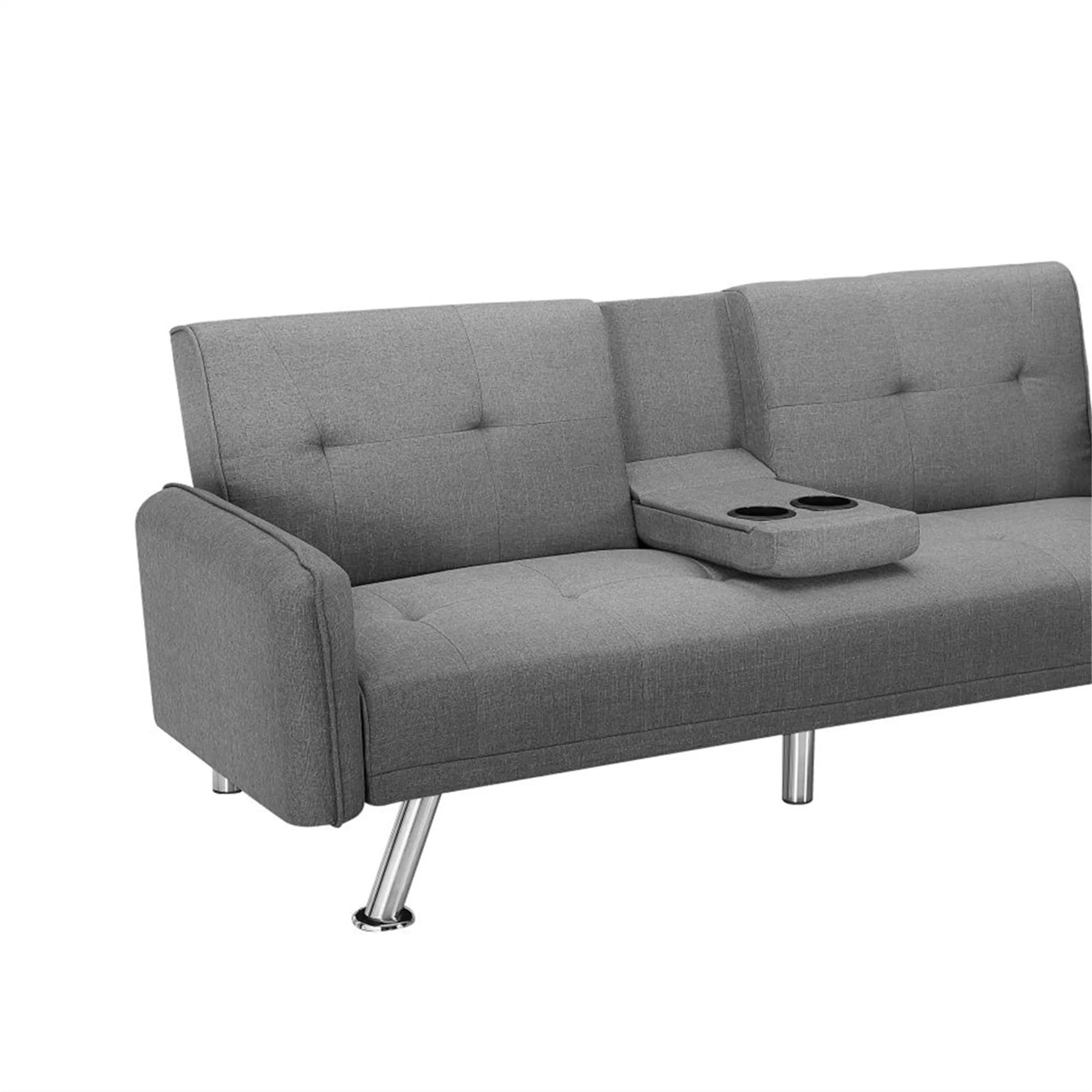 Aukfa 75" Square Arm Futon Convertible Sofa Bed for Home Office, 2 Cup Holders, Linen, Dark Gray