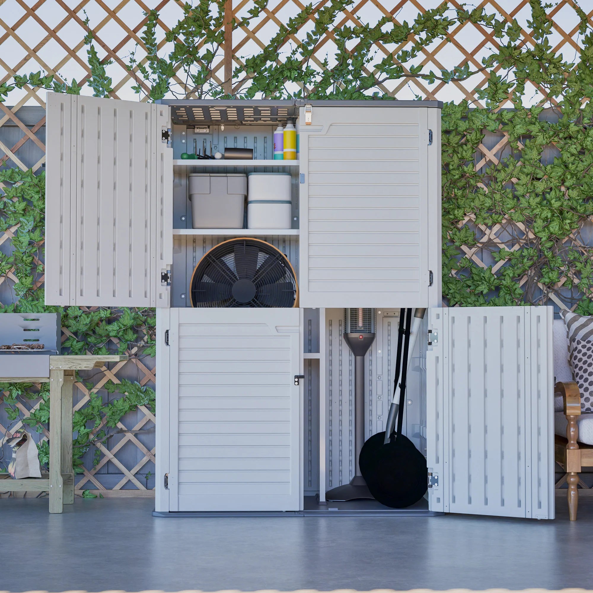 AECOJOY 61.6 Cu.ft Outdoor Resin Storage Shed with Easy Lift Hinges & Adjustable Divider