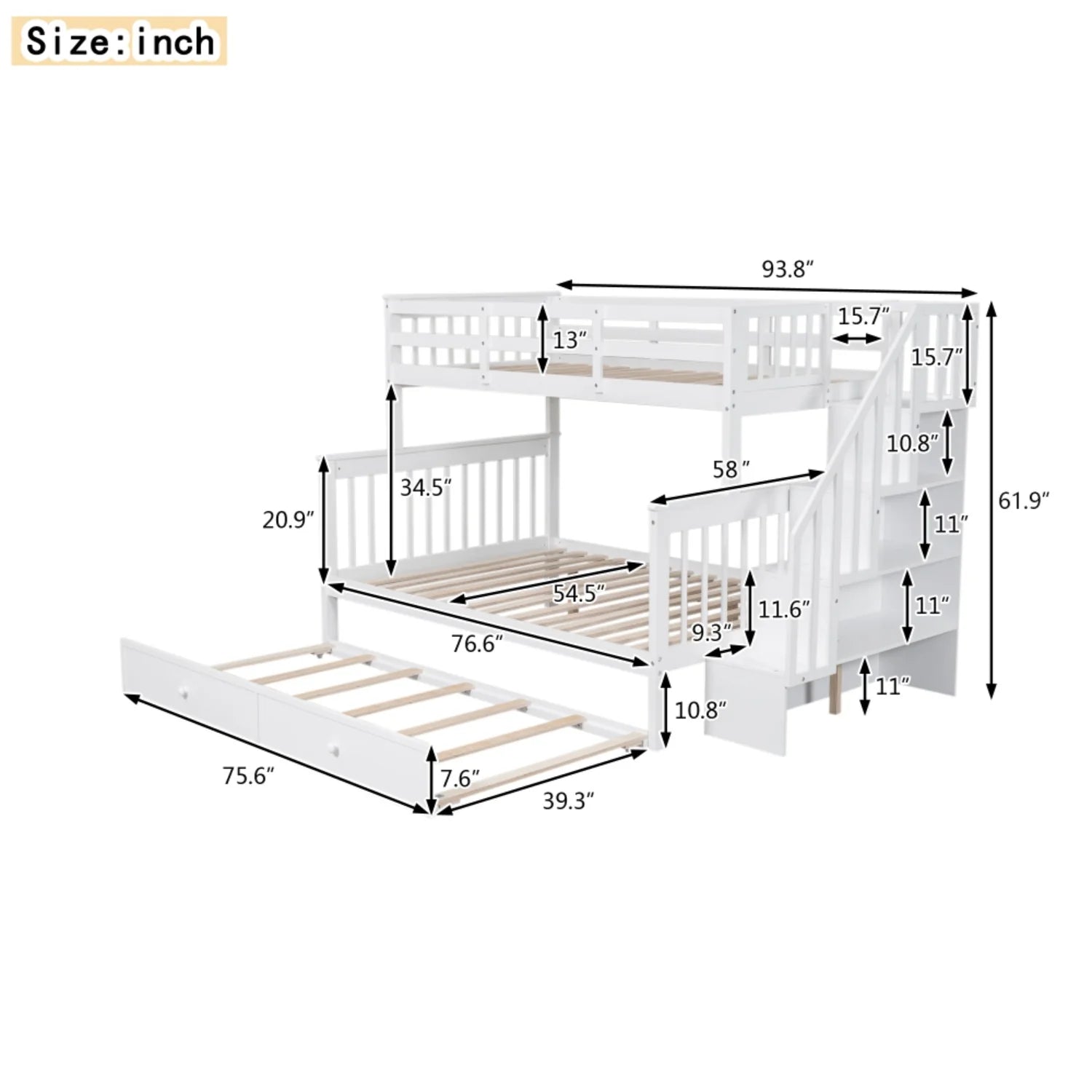AECOJOY Twin-Over-Full Bunk Bed with Twin size Trundle, Storage and Guard Rail for Bedroom, Espresso