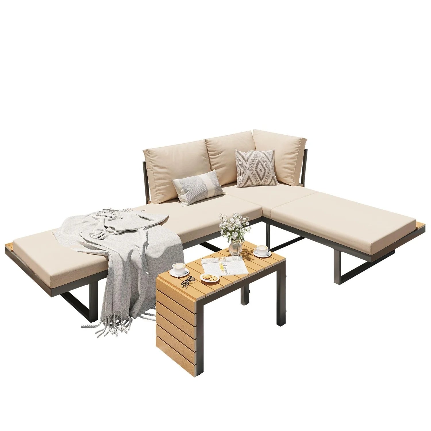 AECOJOY 4 Piece Metal Patio Furniture Set with Waterproof Cover, Convertible Outdoor Daybed with Coffee Table