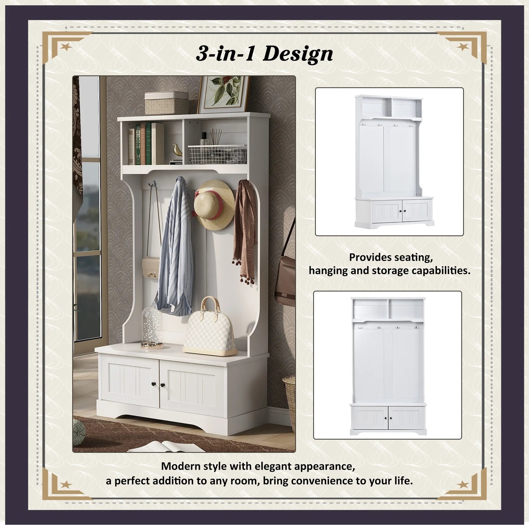 Hall Tree with Upholstered Bench and Coat Rack, Entryway Bench with 3 Hooks, 3 Open Shelves, 2 Drawers & Storage Cabinets, Mudroom Bench with Storage and Hooks for Foyer, Entry Way, Hallway (Beige)