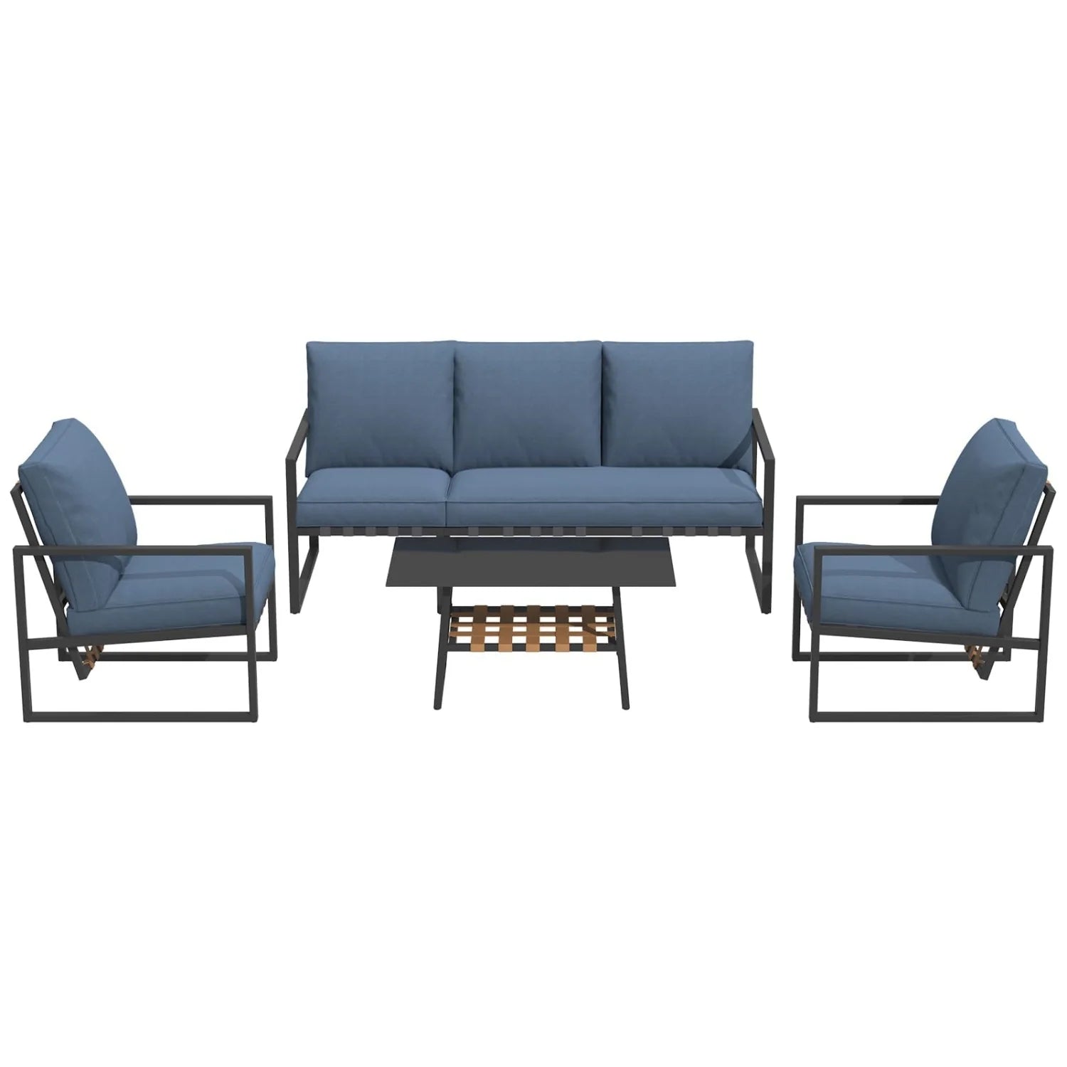 AECOJOY 4-Piece Outdoor Garden Furniture Set, 3-Seater Sofa & 2 Armchairs with Glass Coffee Table, Dark Blue