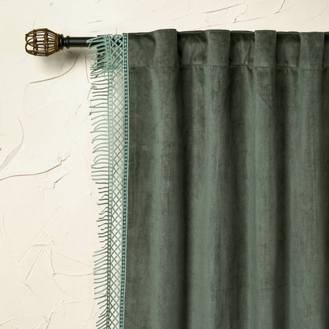 54"x84" Light Filtering Velvet Macrame Trim Window Curtain Panel Teal - Opalhouse Designed with Jungalow