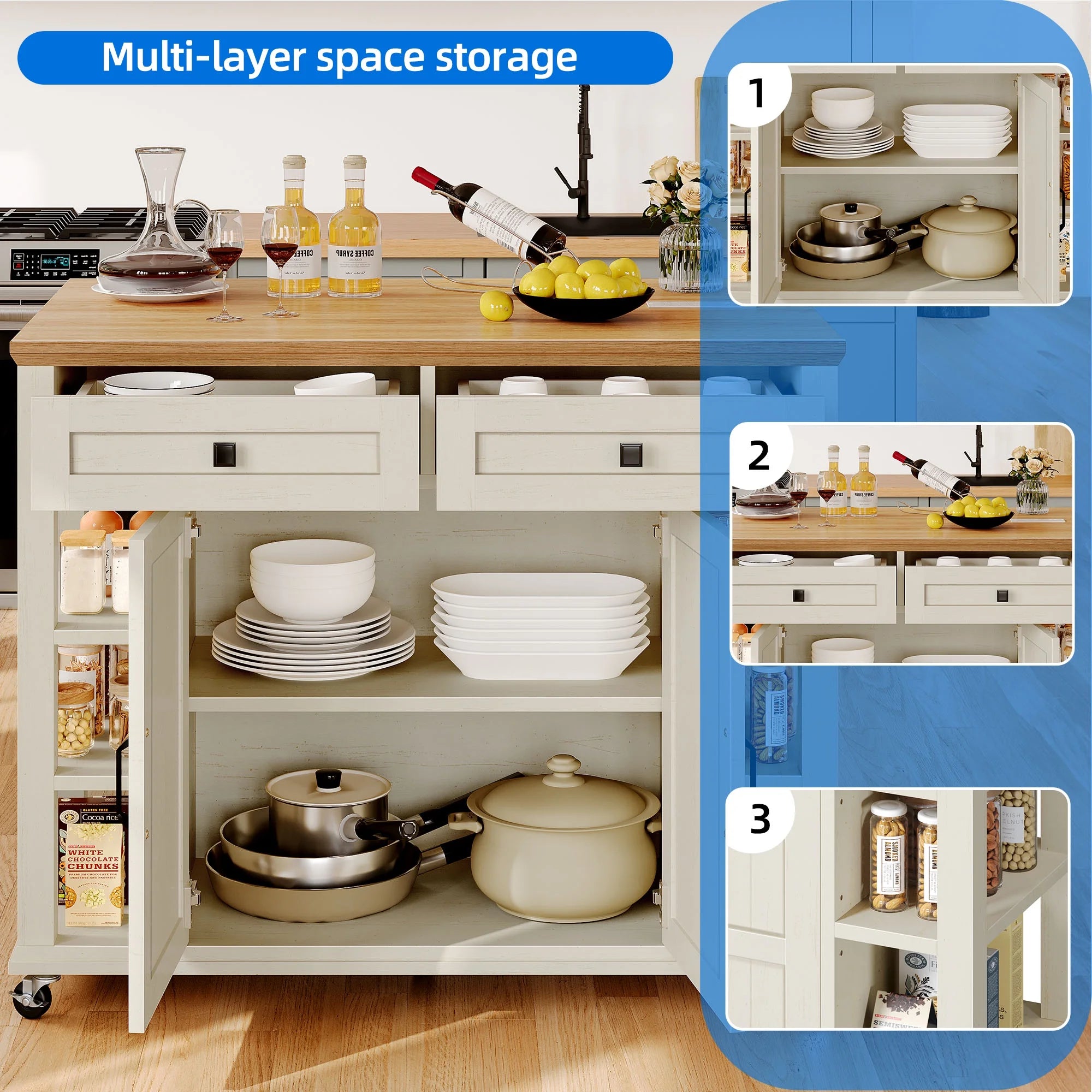 Uforic Kitchen Island Cart with Power Outlets, Kitchen Storage Trolley Cart with Storage Shelves & Drawers, Off - White