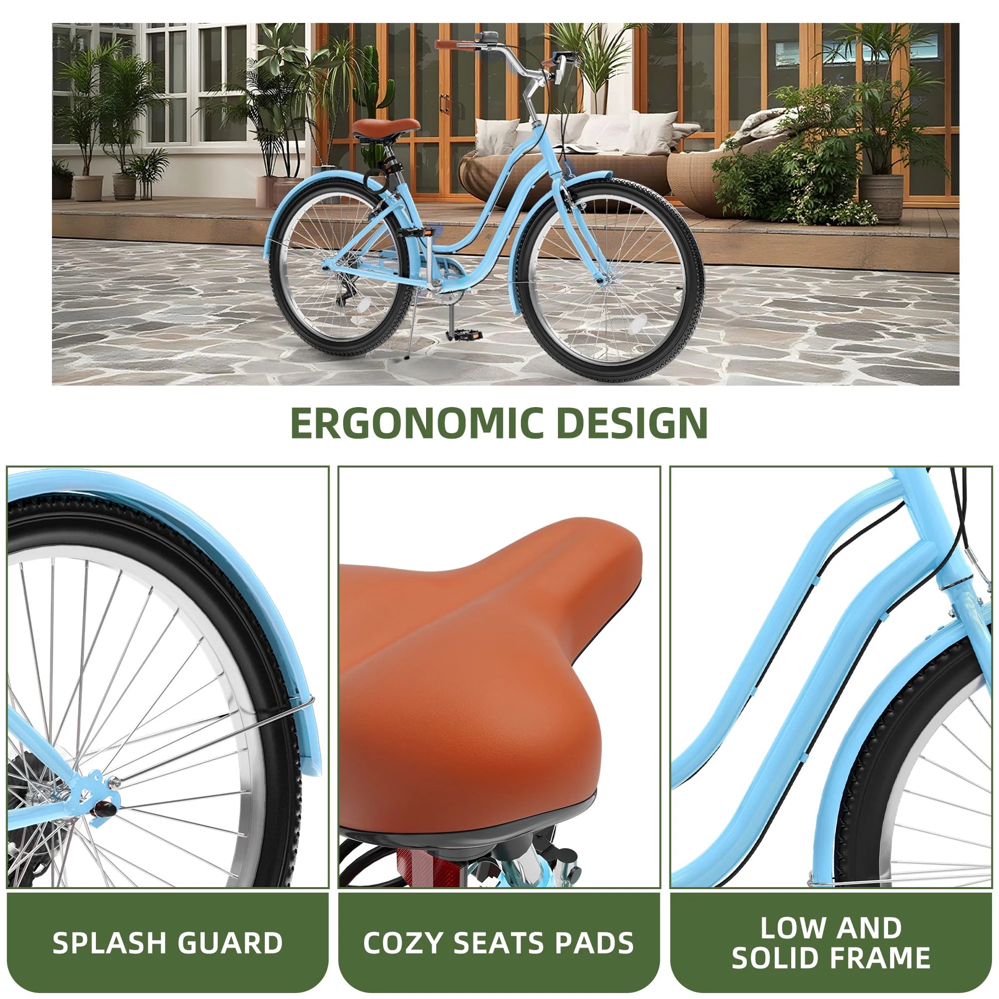 Uforic24'' Beach Cruiser Bike, 7 - Speed, Step - Through Bicycle for Men & Women, Steel Frame, Mint Green