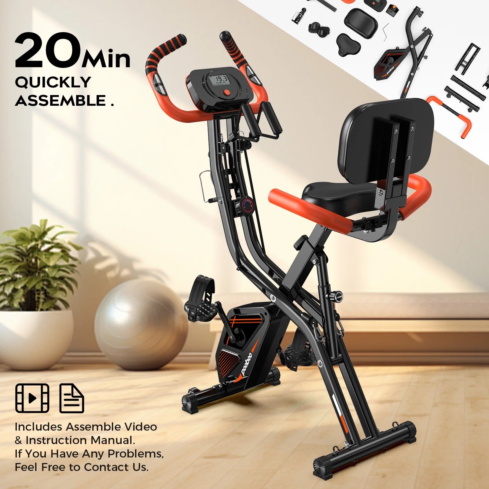 Pooboo 4in1 Folding Exercise Bike Indoor Cycling Bike Stationary Magnetic X Bike Gym Workout 300 lb Easy to Get on/Off