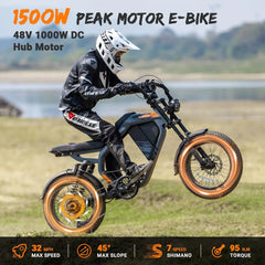 Luckeep M5 Electric Bike for Adults/Teen, 1500W Peak Motor, Max 32MPH, 48V 15AH Battery, Max 60 Miles Electric Motorcycle for Mountains, 20" Fat Tire Electric Dirt Bike, Sand, Road, Full Suspension