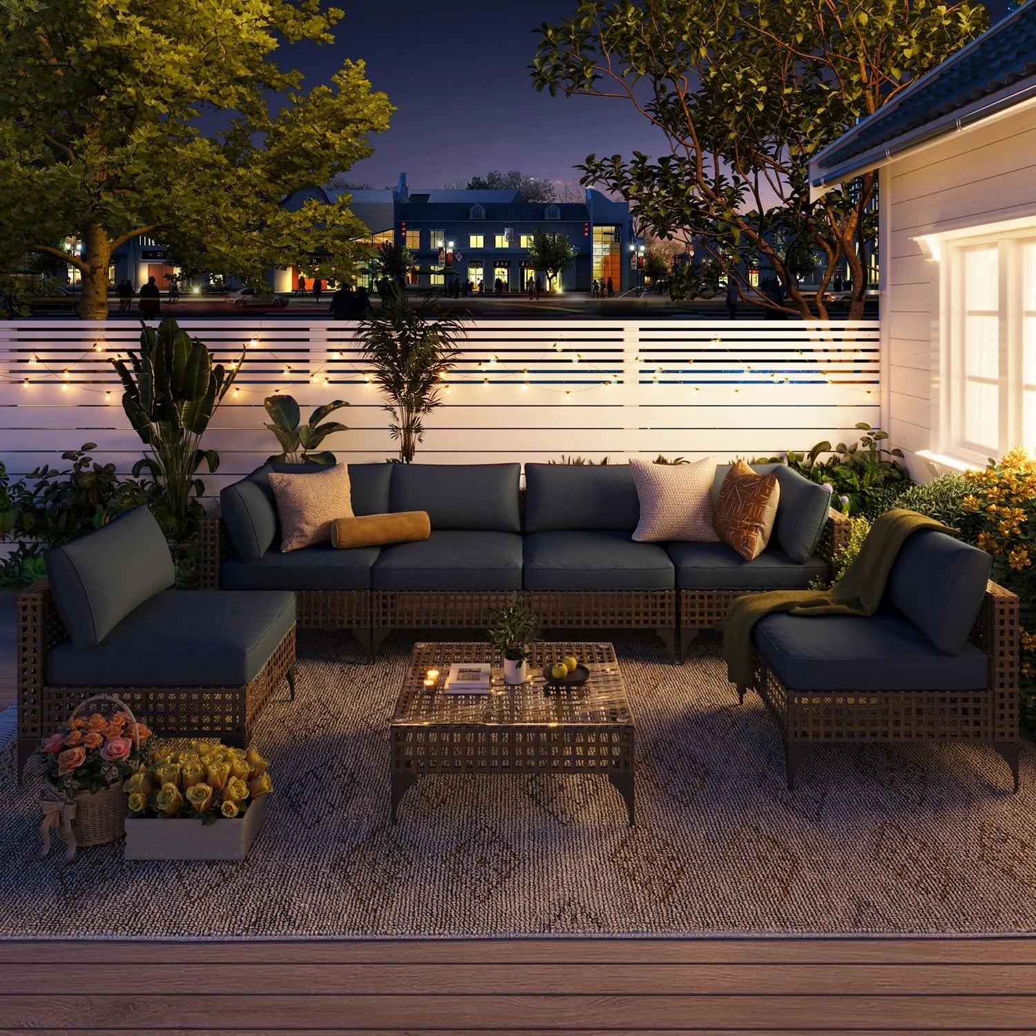 AECOJOY 7-Piece Patio Outdoor Furniture Set, Boho Outdoor Sectional Set, Dark Brown&Dark Grey