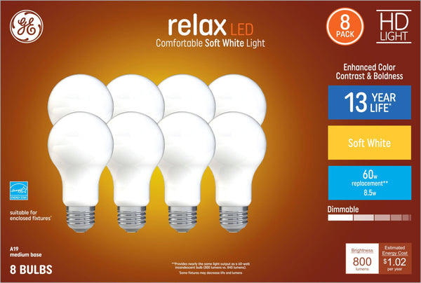 GE Relax 8-Pack 60 W Equivalent Dimmable Warm White A19 LED Light Fixture Light Bulbs