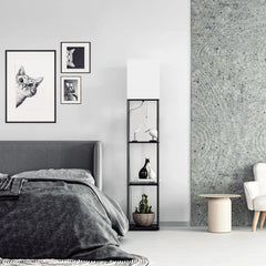 Modern Iron Shelf Floor Lamp with 3 - Way Dimmable LED Bulb, Shelves and White Shade for Living Room and Bedroom(Black)