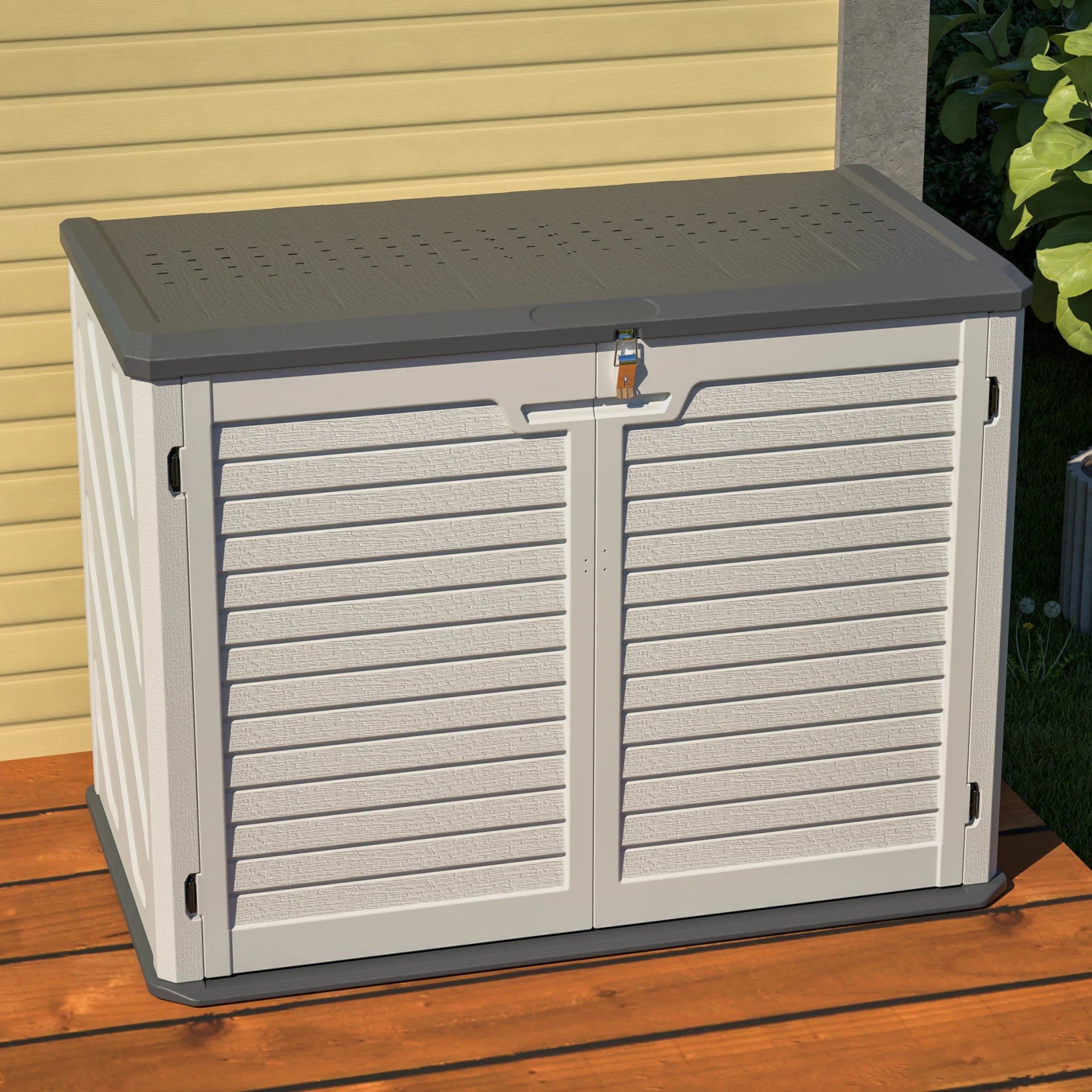 AECOJOY Horizontal Storage Shed Weather Resistance, Lockable Outdoor Storage Cabinet – 28 Cu.ft, Ivory White