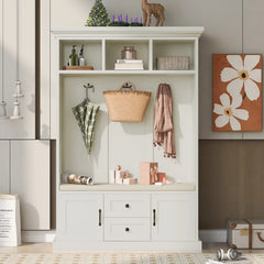 Hall Tree with Upholstered Bench and Coat Rack, Entryway Bench with 3 Hooks, 3 Open Shelves, 2 Drawers & Storage Cabinets, Mudroom Bench with Storage and Hooks for Foyer, Entry Way, Hallway (Beige)