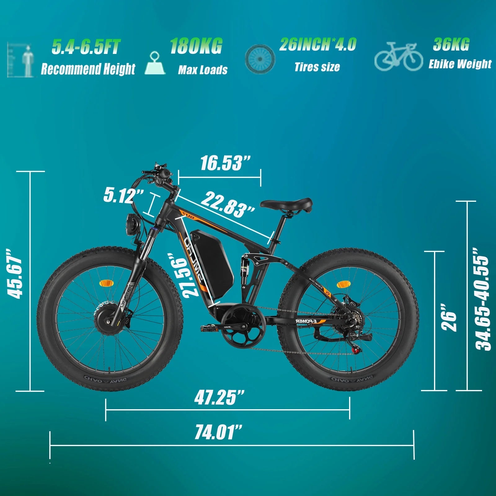 5000w Peak Dual Motor Electric Bike, 26" Fat Tire Shimano 21 Speed 45 MPH Commuter Mtb, 60V 25AH Front Suspension Ebike