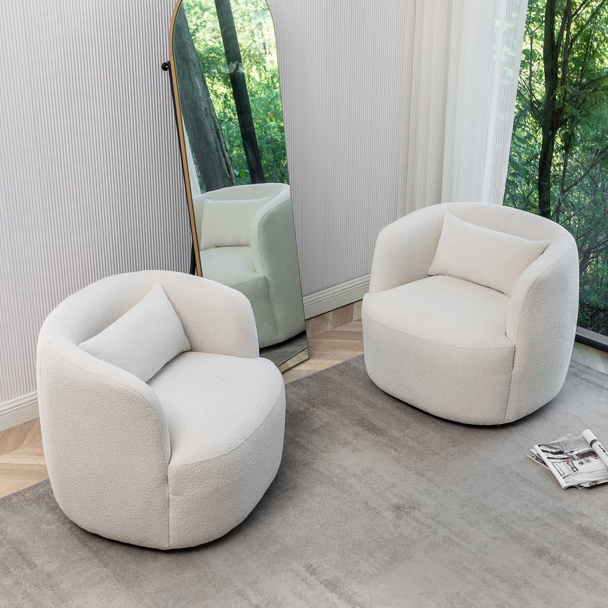 34" Wide Boucle Swivel Barrel Chair, No Assembly Round Upholstered Armchair Accent Chair Single Sofa Chair with Toss Pillow for Living Room and Bedroom, Taupe
