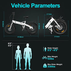 750W Peak Electric Bike for Adults, 500W Motor, 20"x2.5" Fat Tire Folding Ebike, 48V 7.8ah Battery 43miles Long Ranges, up to 24MPH Max Speed