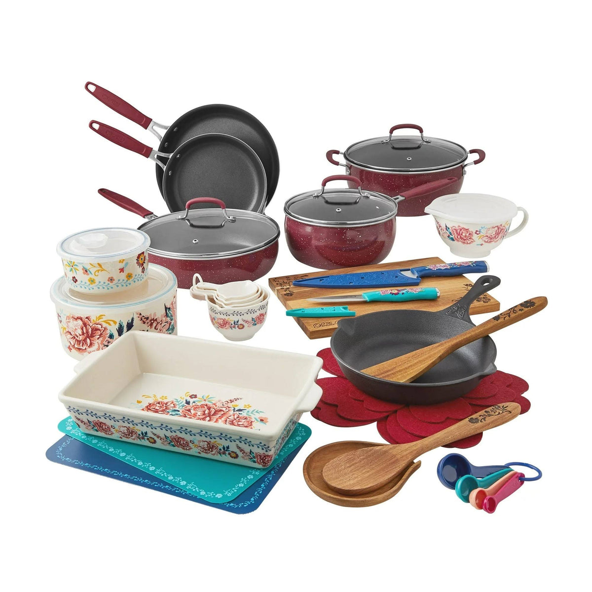 The Pioneer Woman PW43007796140CF Keepsake Floral 38-Piece Cookware Set, Merlot