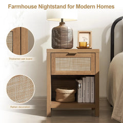Surmoby Rattan Nightstand Set of 2, Farmhouse Bedside Tables with Drawer and Storage Shelf, Natural Boho End Table Side Table for Bedroom, Living Room