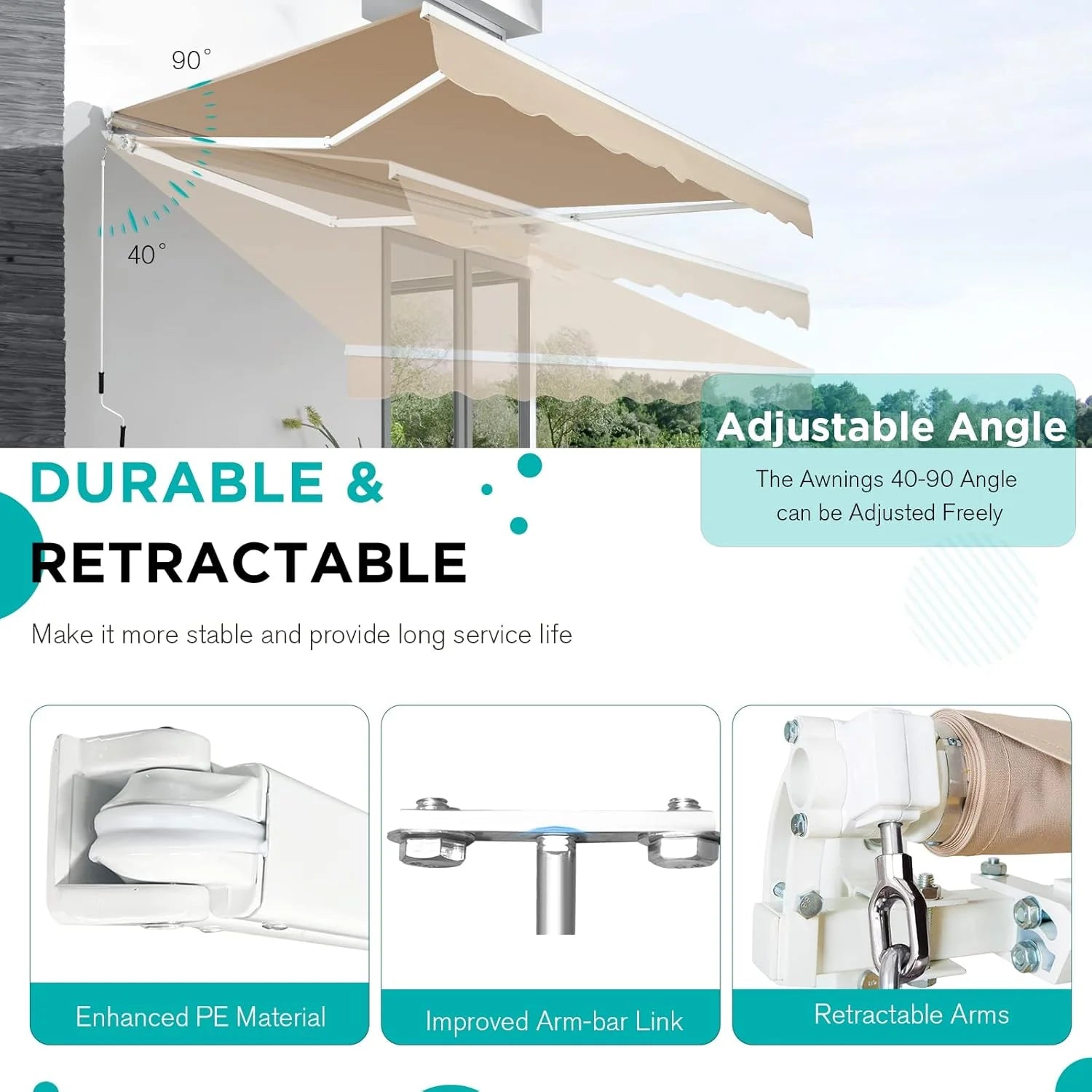 AECOJOY 13'×8' Manual Retractable Awning Sun Shade, Patio Awning Canopy