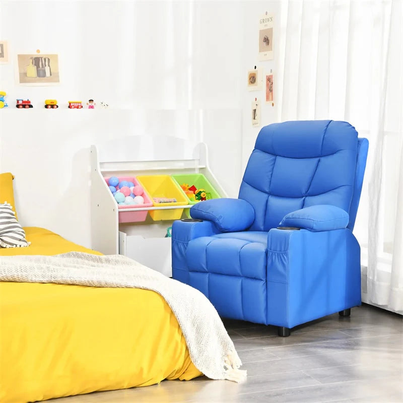 Kids Recliner Chair PU Leather Adjustable Lounge Sofa with Cup Holder, 3 Pockets & Retractable Footrest, Ergonomic Toddler Furniture Sofa