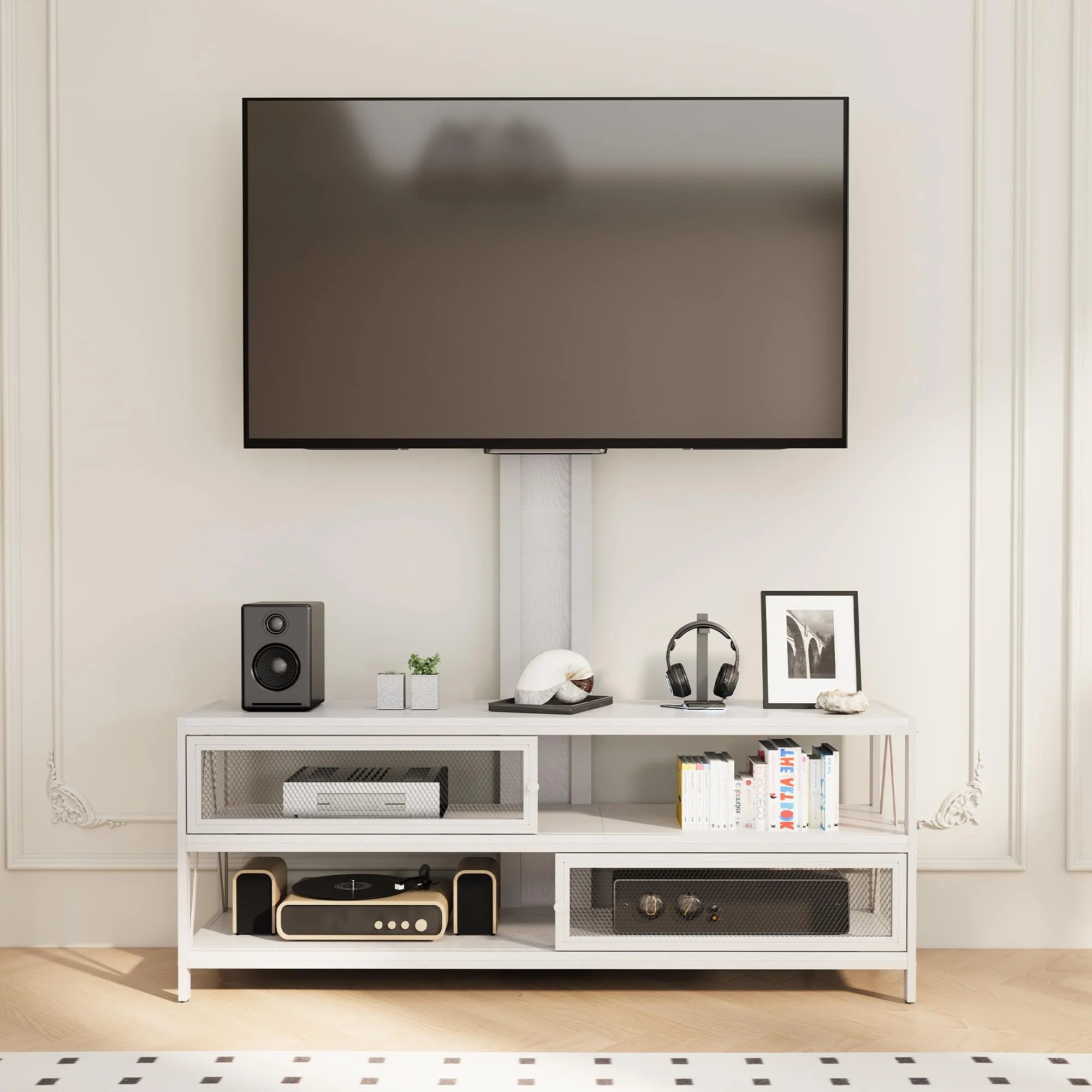 Mayincolor Farmhouse TV Stand for 65+ Inch TV, 34'' Tall Entertainment Center with Sliding Barn Doors, Rustic Wood Media Console Storage Cabinet Television Stand for Living Room, Light Grey