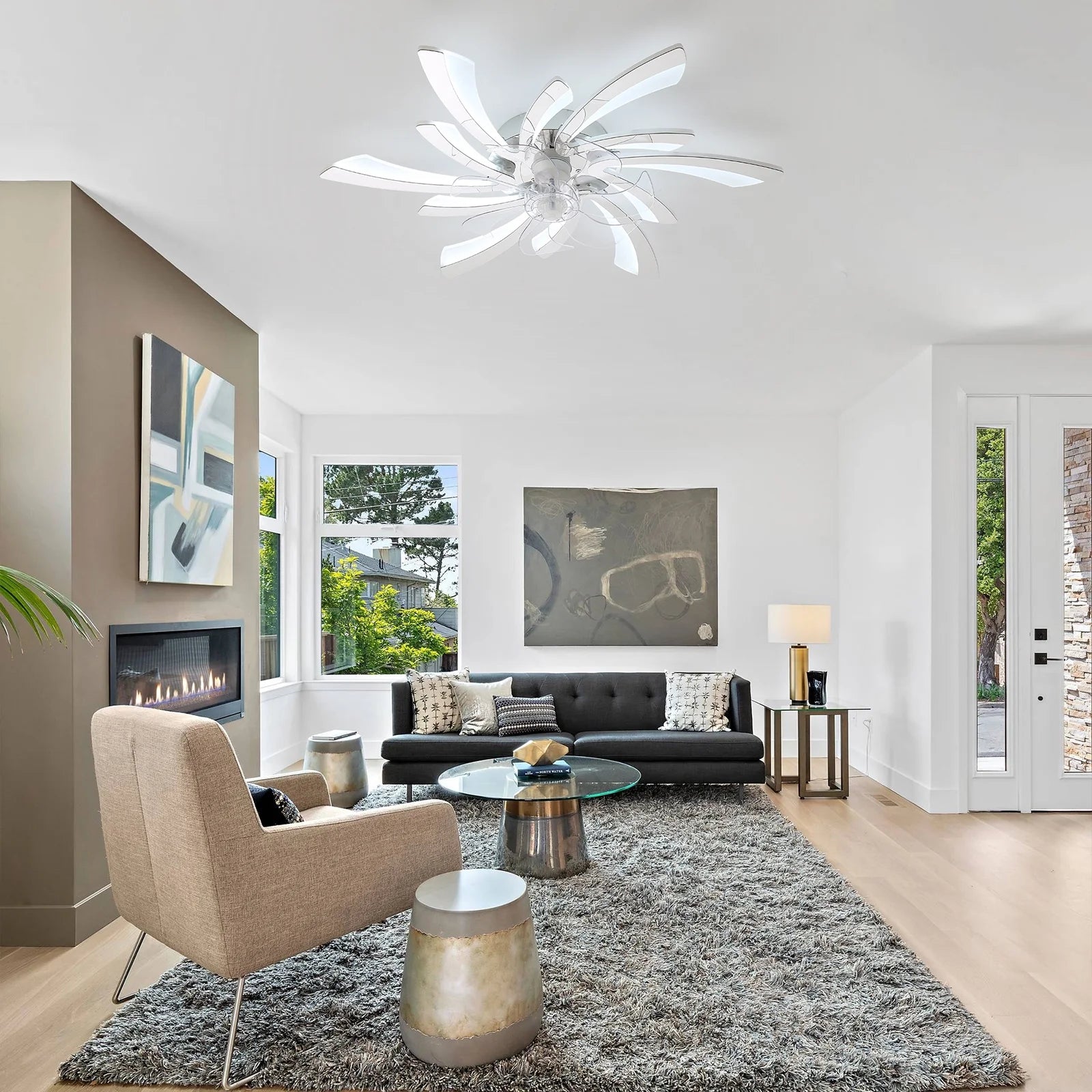 Garwarm Dimmable Ceiling Fan with Light and Remote Control, 27" Small Flush Mounted Ceiling Fan with LED Lights, APP and Remote Controlled, Modern, White