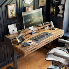 FEZIBO Electric Standing Desk with 3 Drawers & Monitor Shelves, 48 x 26 in Sit Stand Home Office Desk, Rustic Brown