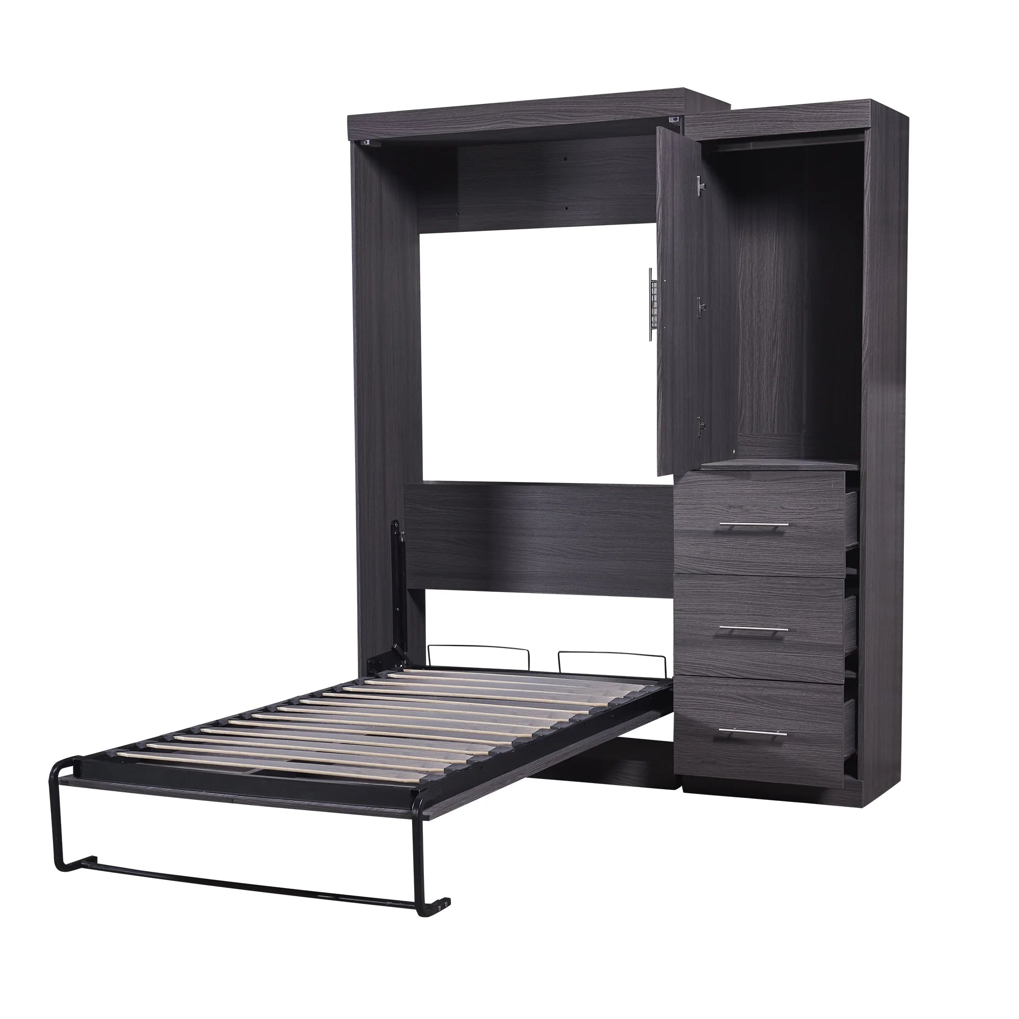 Euroco Wood Full Size Murphy Wall Bed with Wardrobe and Drawers for Living Room, Moveable Wardrobe and Drawers, Space - Saving & Easy Open and Close for Kids Teens Adults, Gray