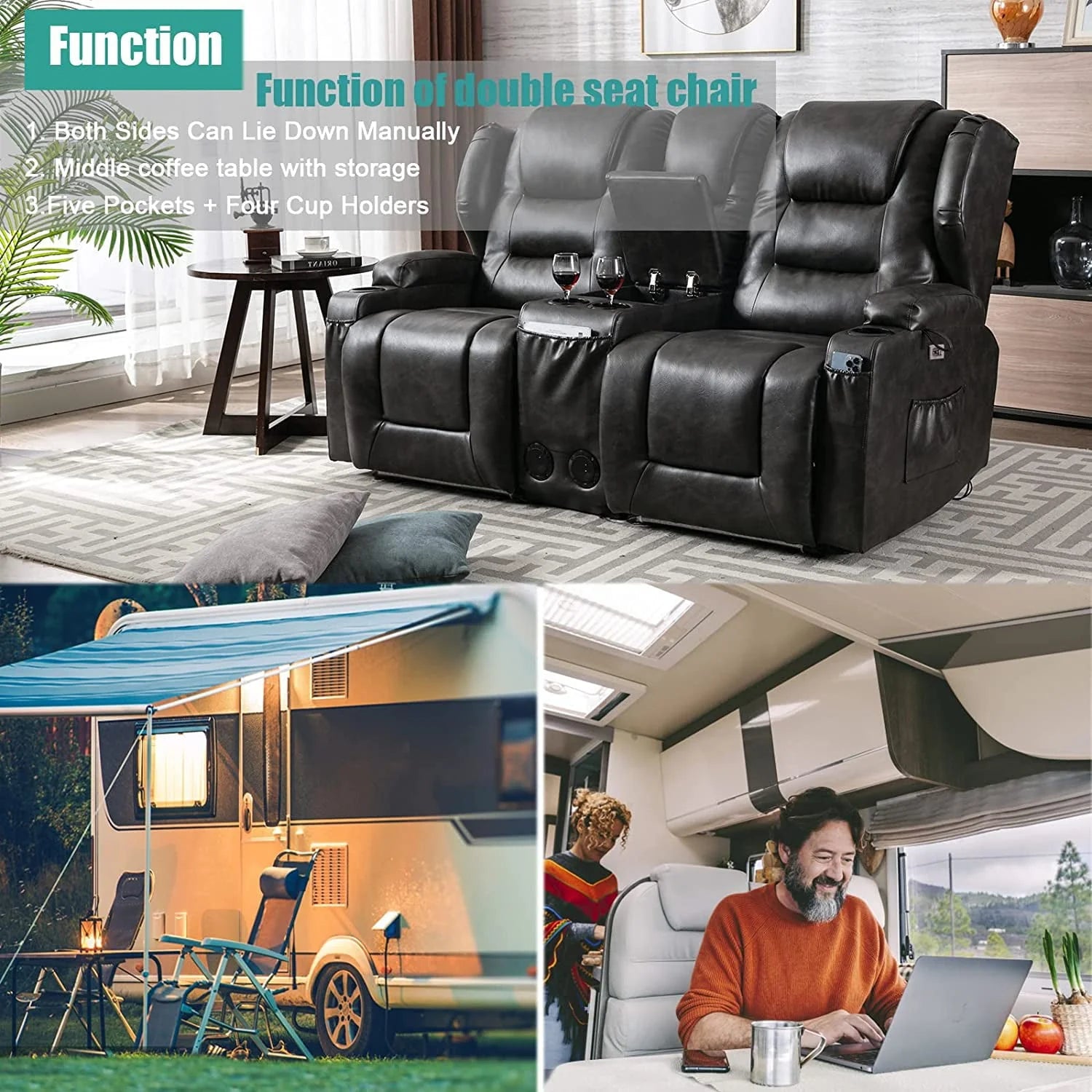 IPKIG Electric Home Theater Seating - Power Recline Chair Loveseat RV Sofa with Console, 67" Double Recliner 2 - Seater RV Couch with Storage/USB Charging/Lighting/Cup Holders for Living Room