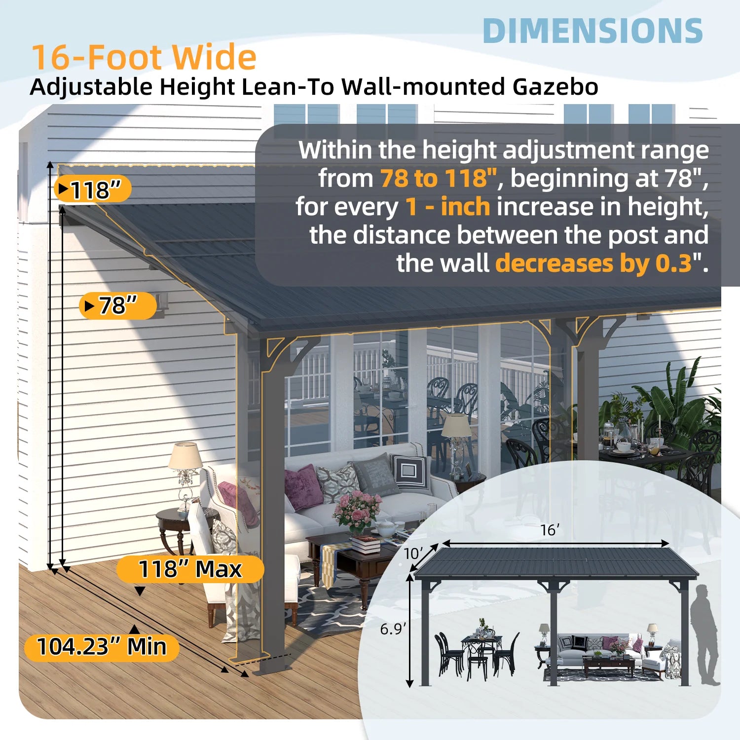 AECOJOY 16x10 Outdoor Hardtop Gazebo Adjustable Height (6.5-9.8Ft) Pergola for Patio