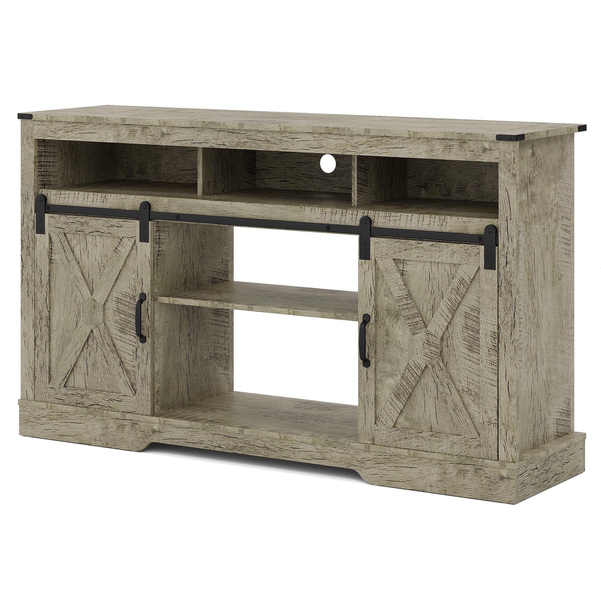 Mayincolor Farmhouse TV Stand for 65+ Inch TV, 34'' Tall Entertainment Center with Sliding Barn Doors, Rustic Wood Media Console Storage Cabinet Television Stand for Living Room, Light Grey