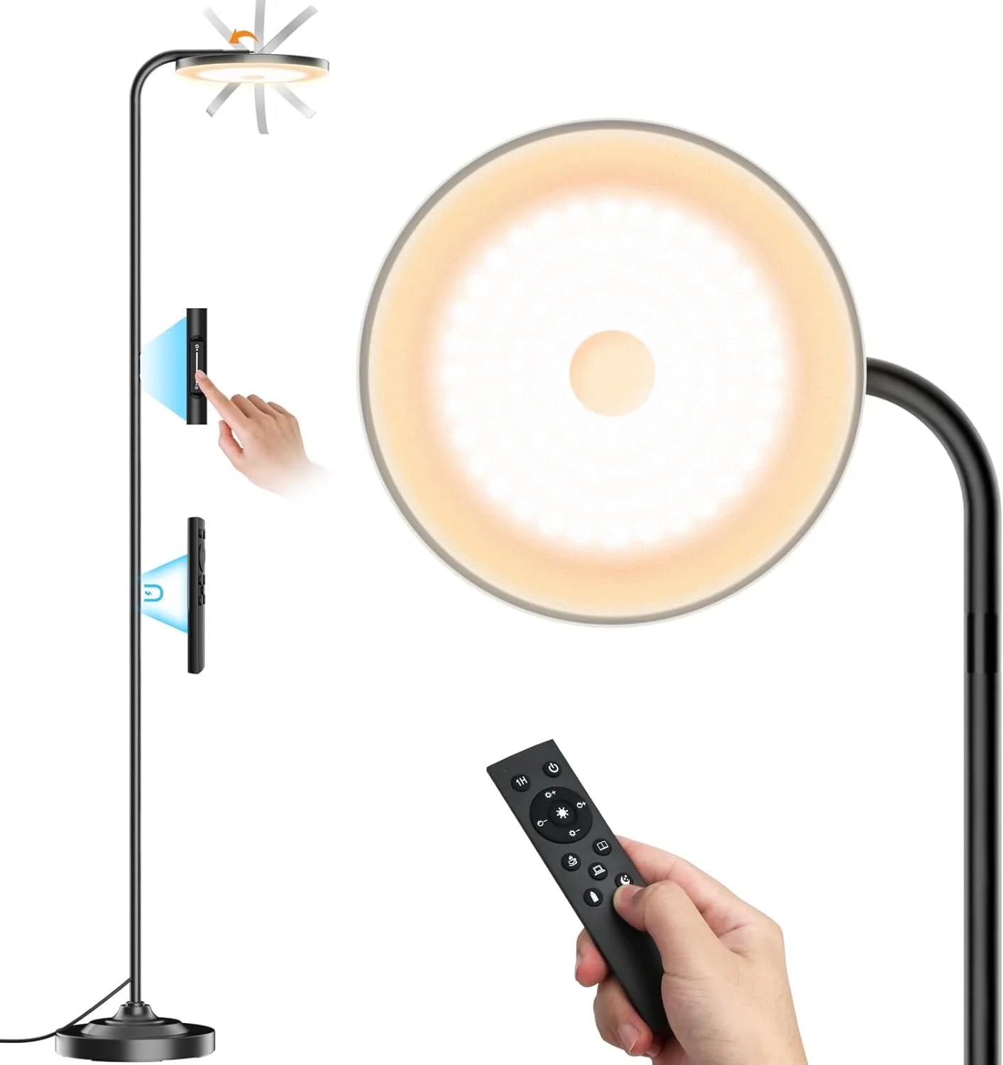 36W LED Floor Lamp, Super Bright Standing Lamp, Modern Stepless Dimmable Torchiere Tall Lamp with Remote Control, 350rotating Head Reading Floor Lamp for Living Room, Bedroom, Office