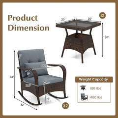 3-Piece Outdoor Wicker Rocking Chair Set, Rattan Bistro Rocker Furniture with Cushions & Pillows, Tempered Glass Coffee Table for Porch Balcony