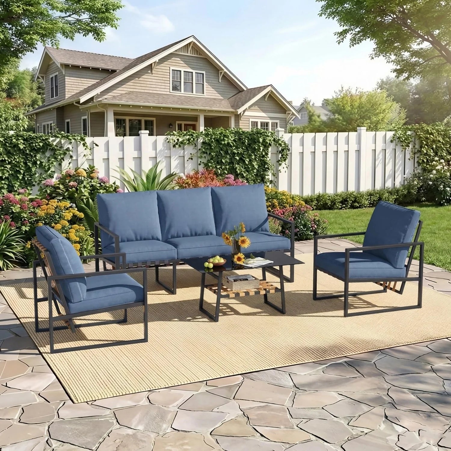 AECOJOY 4-Piece Outdoor Garden Furniture Set, 3-Seater Sofa & 2 Armchairs with Glass Coffee Table, Dark Blue