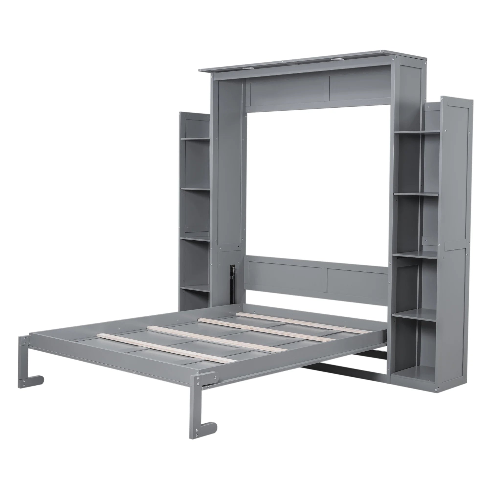 Aukfa Queen Size Murphy Bed with 5 - Tier Storage Shelf & LED Lights, Foldable Wall Bed Cabinet with Mattress Support, Space - Saving Design for Guest Room/Home Office, Gray