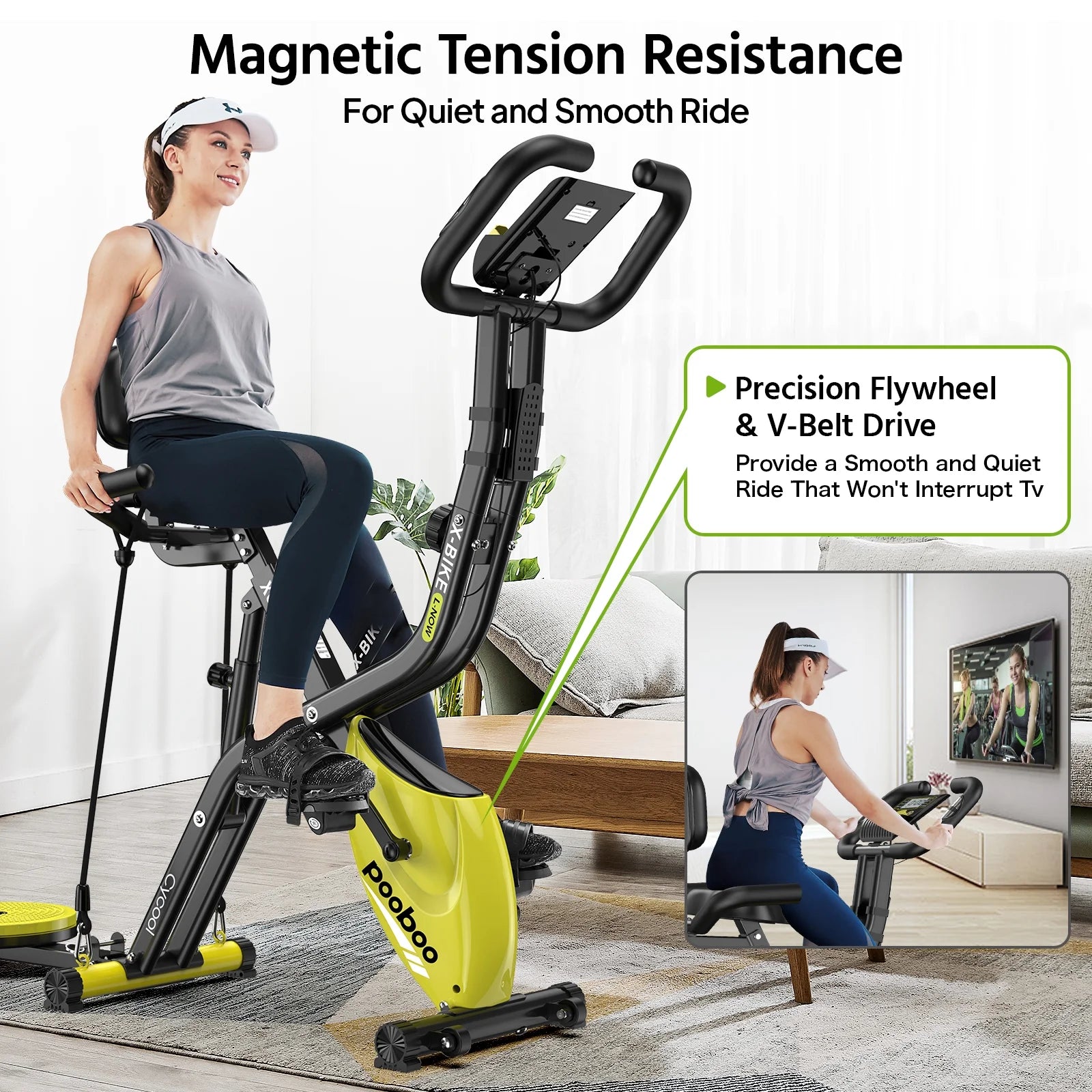 Pooboo 4in1 Folding Exercise Bike Indoor Cycling Bike Stationary Magnetic X Bike Gym Workout 300 lb Easy to Get on/Off