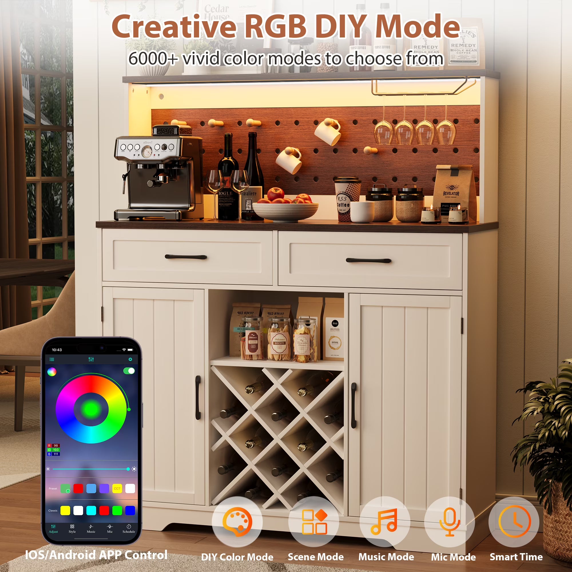 LAFGUR 72" Kitchen Storage Cabinet with Power Outlet & LED Light, Coffee Bar Cabinet with Drawers & Wine Glass Rack, Sideboard for Home, White