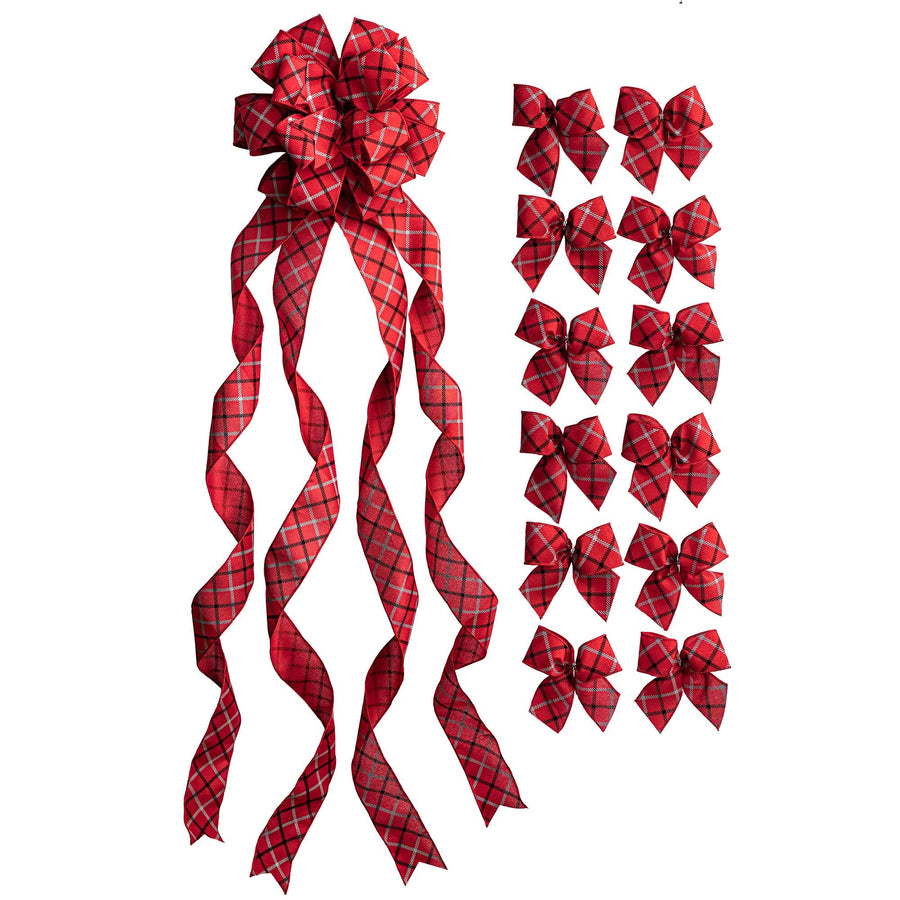 New Traditions Simplify Your Holiday Red, Black and Gray Large Windowpane Plaid Ribbon Christmas Tree Topper Bow and 12 Mini Bows (13-Pieces)