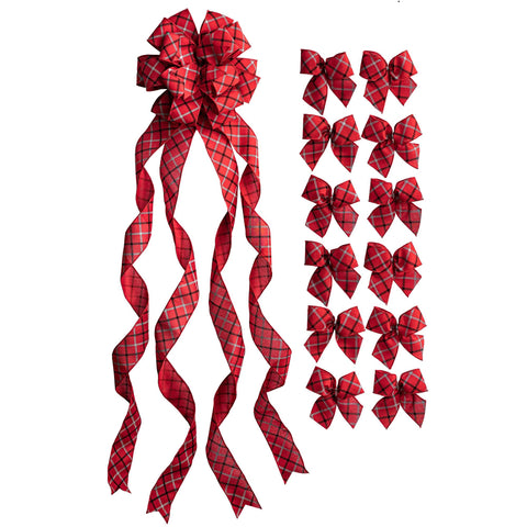 New Traditions Simplify Your Holiday Red, Black and Gray Large Windowpane Plaid Ribbon Christmas Tree Topper Bow and 12 Mini Bows (13-Pieces)