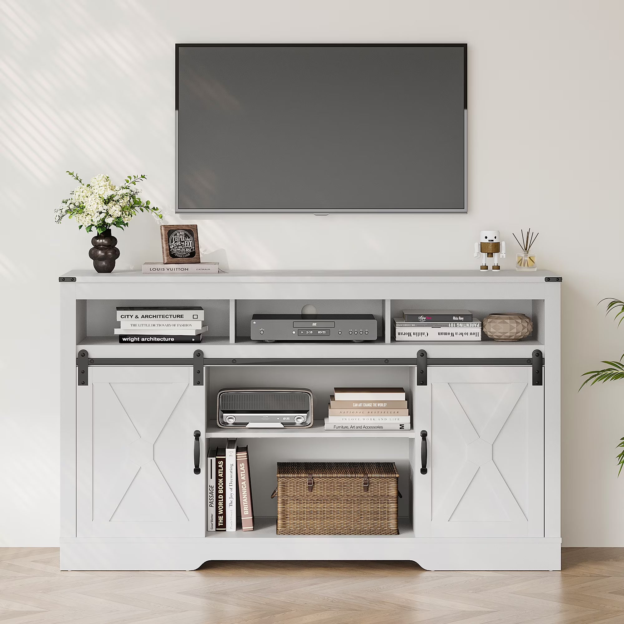 Mayincolor Farmhouse TV Stand for 65+ Inch TV, 34'' Tall Entertainment Center with Sliding Barn Doors, Rustic Wood Media Console Storage Cabinet Television Stand for Living Room, Light Grey