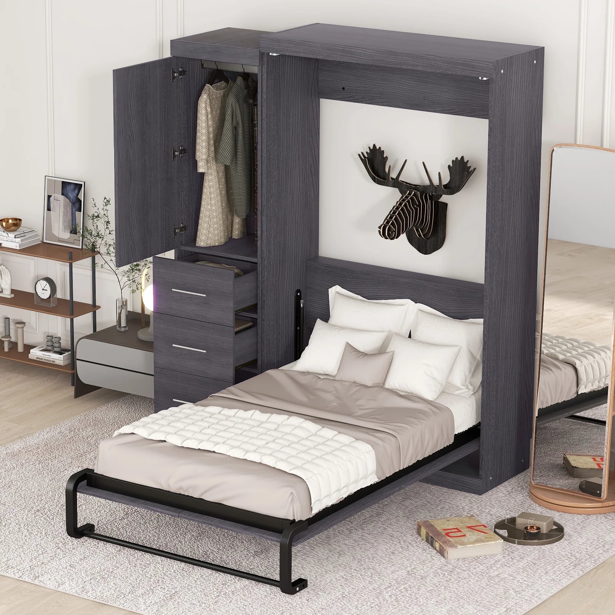 Euroco Wood Full Size Murphy Wall Bed with Wardrobe and Drawers for Living Room, Moveable Wardrobe and Drawers, Space - Saving & Easy Open and Close for Kids Teens Adults, Gray