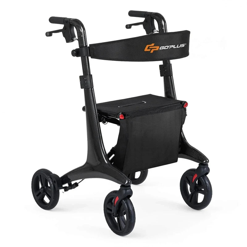 Ultralight Carbon Fiber Rollator Walker for Seniors, Foldable Rolling Walker with Seat, 8" Wheels, Adjustable Handles & Backrest, Storage Bag