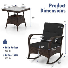 3-Piece Outdoor Wicker Rocking Chair Set, Rattan Bistro Rocker Furniture with Cushions & Pillows, Tempered Glass Coffee Table for Porch Balcony