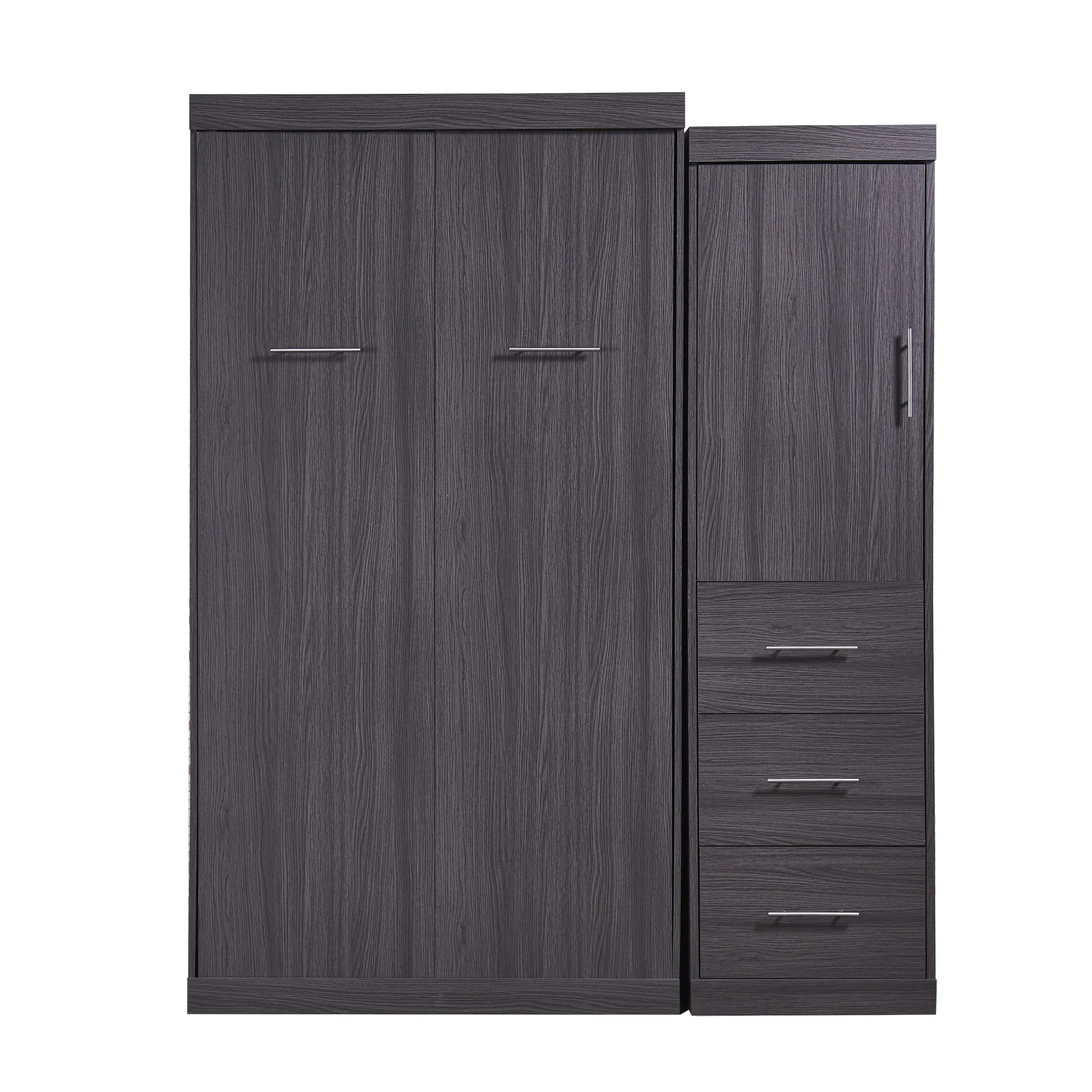 Euroco Wood Full Size Murphy Wall Bed with Wardrobe and Drawers for Living Room, Moveable Wardrobe and Drawers, Space - Saving & Easy Open and Close for Kids Teens Adults, Gray