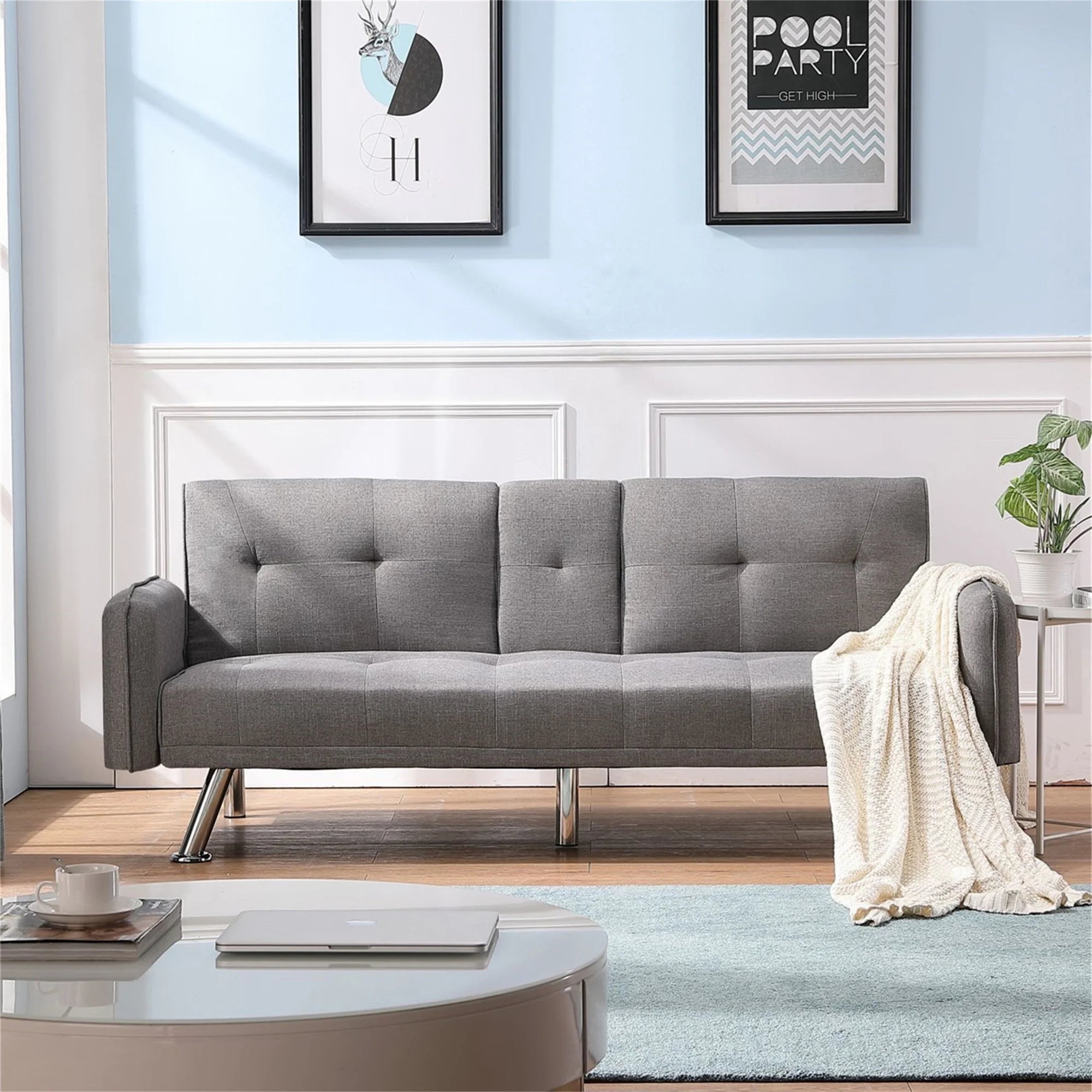 Aukfa 75" Square Arm Futon Convertible Sofa Bed for Home Office, 2 Cup Holders, Linen, Dark Gray