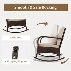 3-Piece Outdoor Wicker Rocking Chair Set, Rattan Bistro Rocker Furniture with Cushions & Pillows, Tempered Glass Coffee Table for Porch Balcony