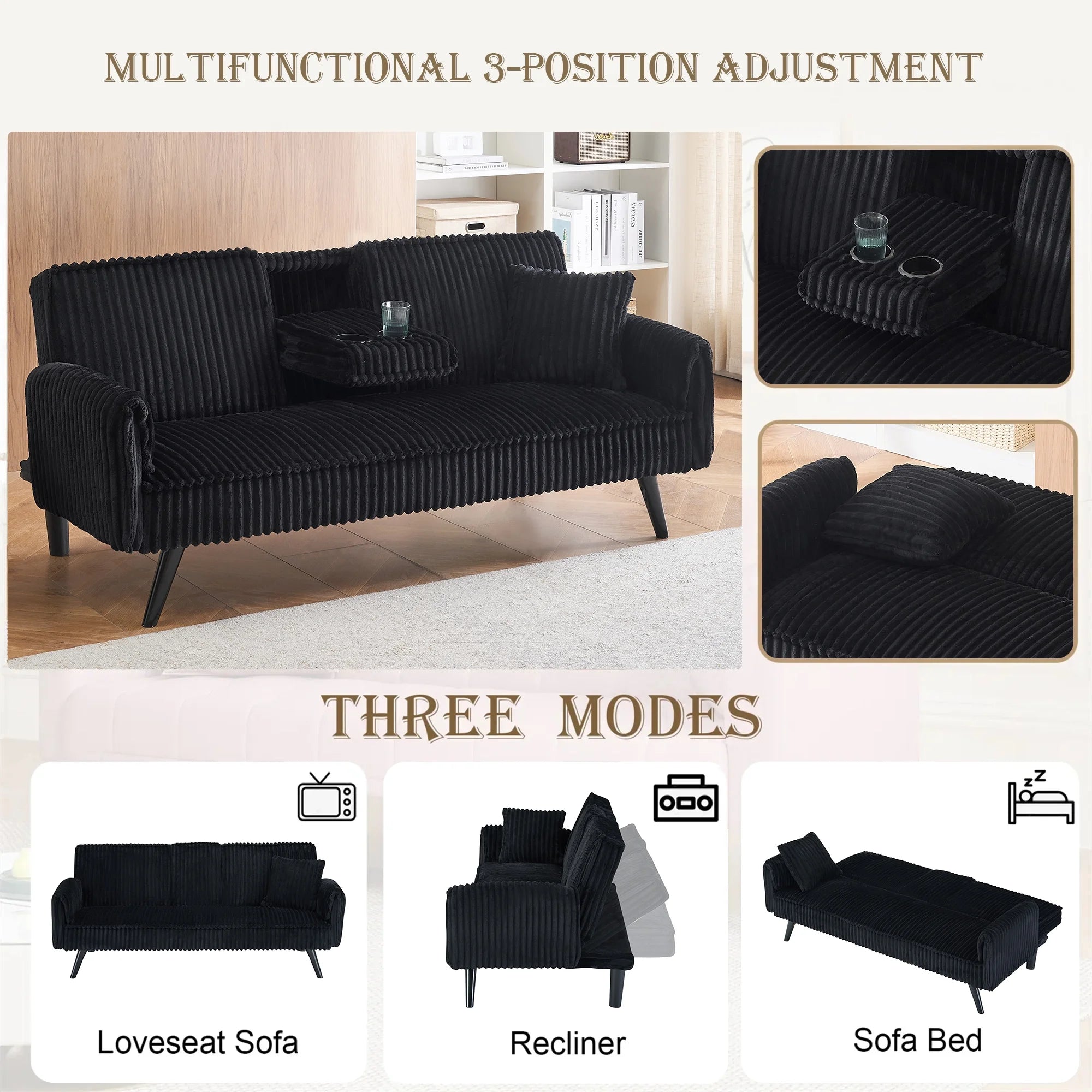 Aukfa 75" Square Arm Futon Convertible Sofa Bed for Home Office, 2 Cup Holders, Linen, Dark Gray