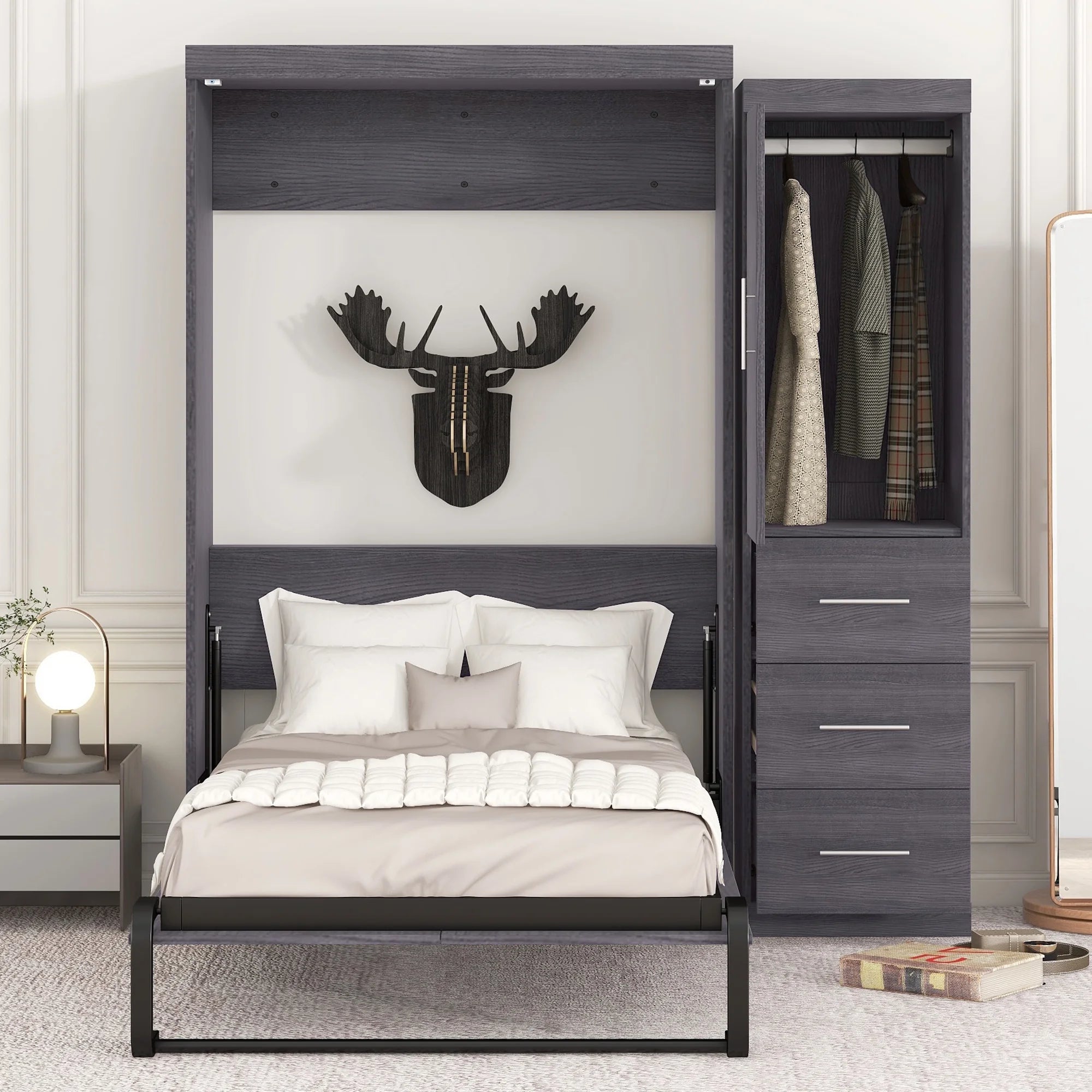 Euroco Wood Full Size Murphy Wall Bed with Wardrobe and Drawers for Living Room, Moveable Wardrobe and Drawers, Space - Saving & Easy Open and Close for Kids Teens Adults, Gray