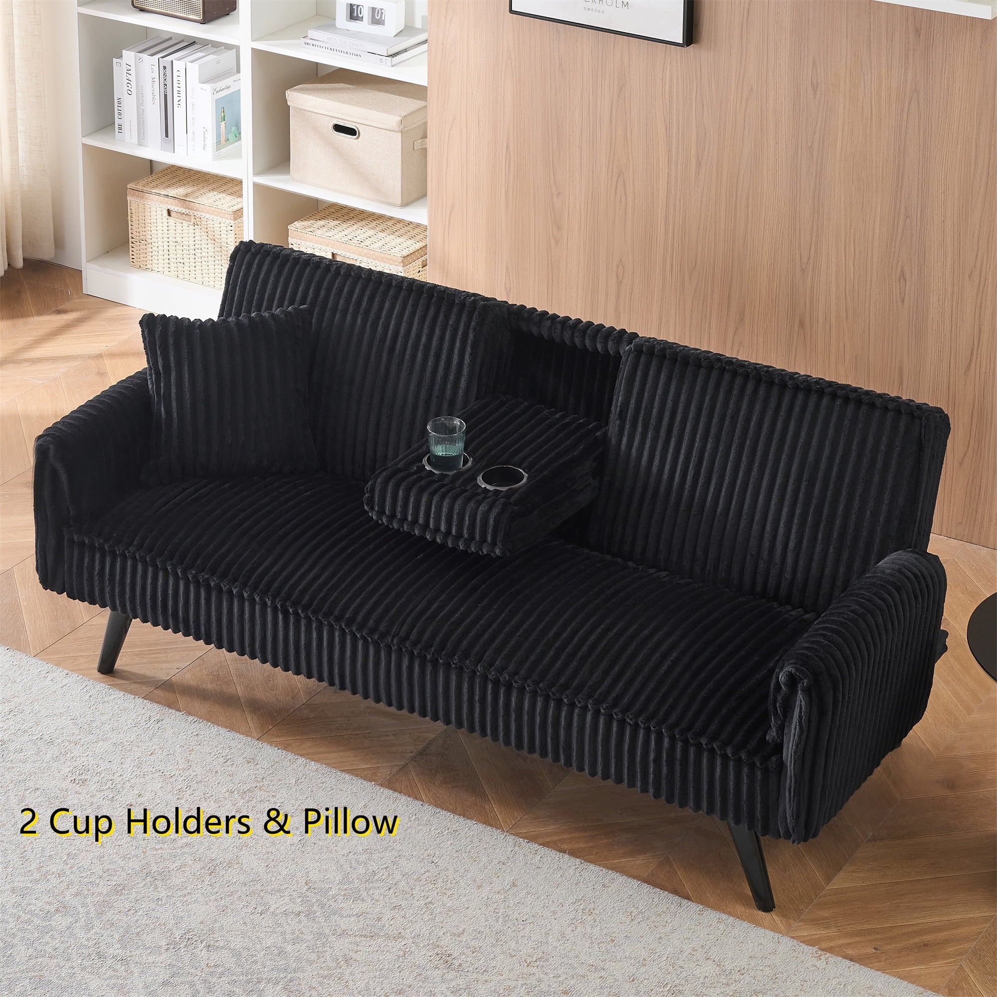 Aukfa 75" Square Arm Futon Convertible Sofa Bed for Home Office, 2 Cup Holders, Linen, Dark Gray