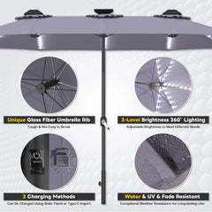 AECOJOY 15ft Patio Double-Sided Umbrella, 156 PCS Solar LED Light Outdoor Large Umbrella, Dark Grey
